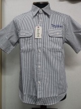 シュガーケーン　ヒッコリーストライプ半袖ワークシャツ　チェーン刺繍　品番：ＳＣ３７９０９−１０５（ＯＦＦ　ＷＨＩＴＥ）