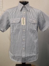 シュガーケーン　ヒッコリーストライプ半袖ワークシャツ　品番：ＳＣ３７９４４−１０５（ＯＦＦ　ＷＨＩＴＥ）
